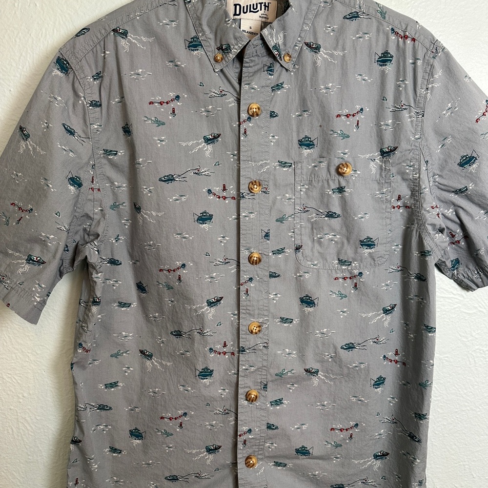 Duluth Untucked Fishing Boat Shirt Mens Small Gray Blue Cotton Coastal Nautical